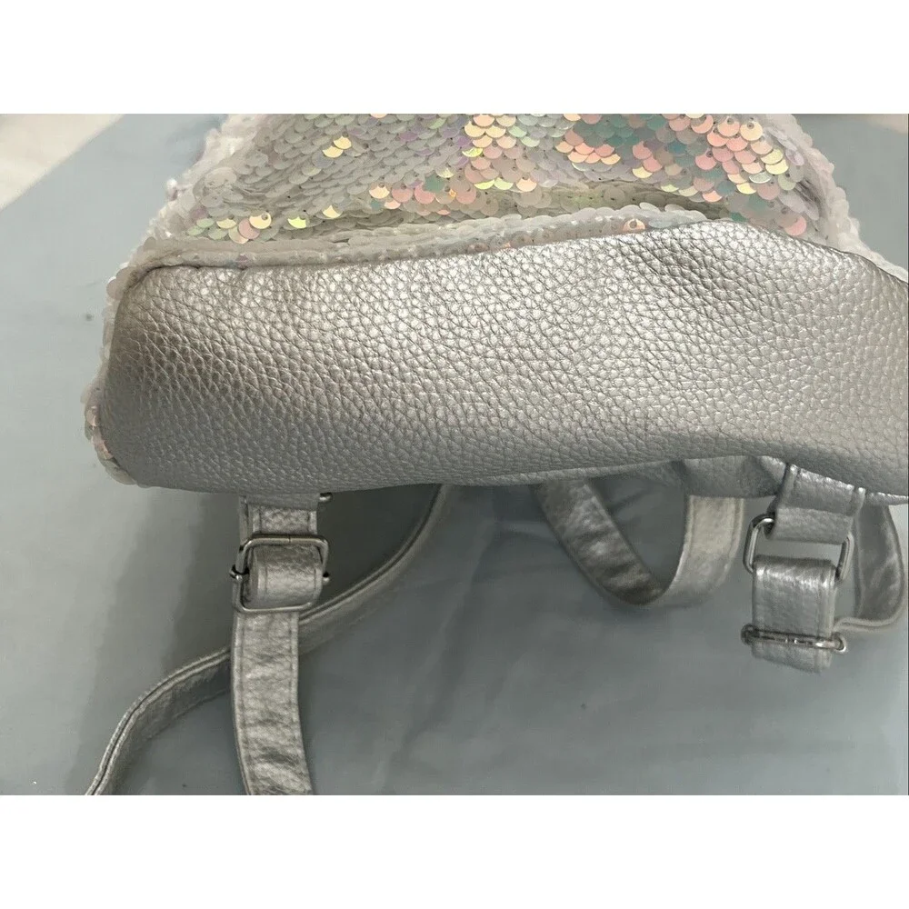 Justice Sequin Mini Backpack Bag White Pink Unicorn With The Letter E Pom Poms